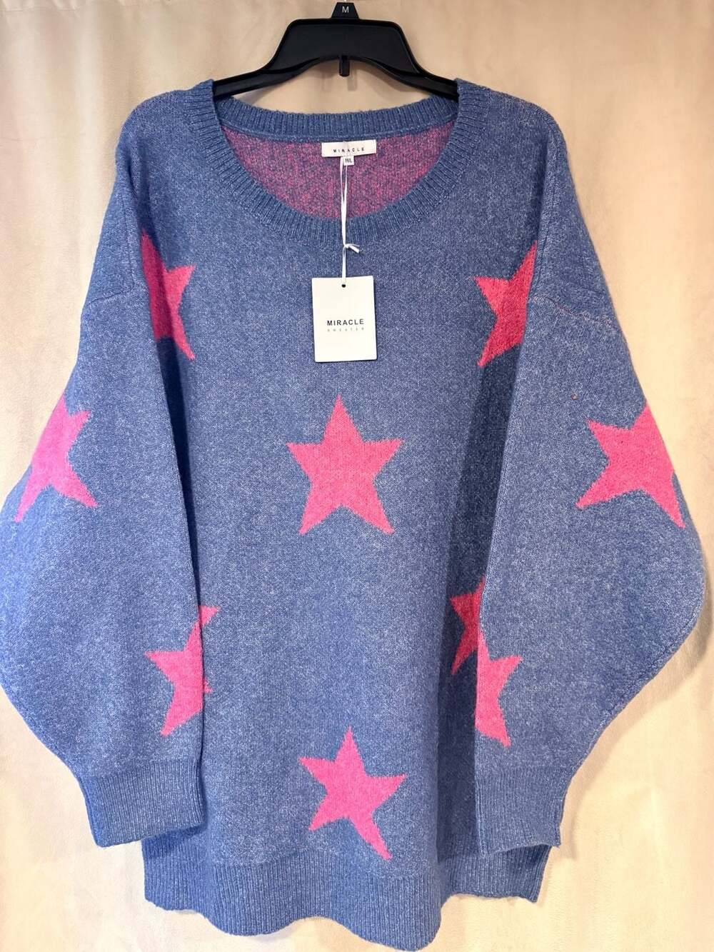 Miracle Sweater Blue and Pink Star Oversized Knit Crew Neck Pullover M/L